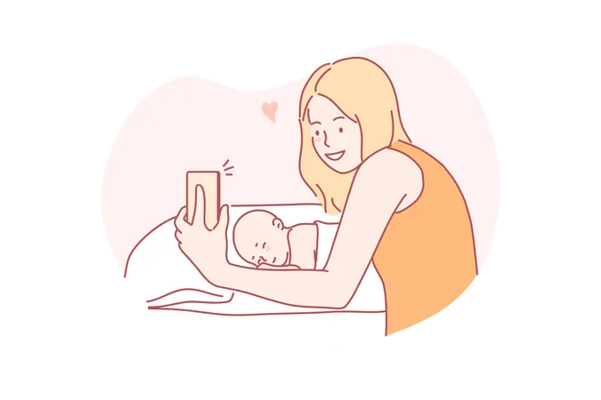 Mother is taking picture of sleeping baby  Illustration