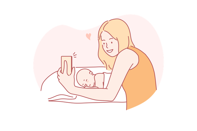 Mother is taking picture of sleeping baby  Illustration