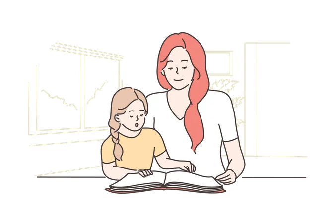 Education Teaching Motherhood Childhood Concept Young Woman Mom And Happy Child Kid Daughter Sitting And Reading Book Together In Living Room Family Remote Home Study And Mothers Day Illustration Illustration