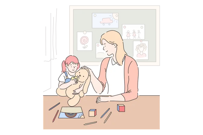 Motherhood Parenting Babysitting Concept Mother And Daughter Playing Together Little Girl With Toy In Playroom Mom Spending Time With Kid Mommy And Child Relationship Simple Flat Vector Illustration