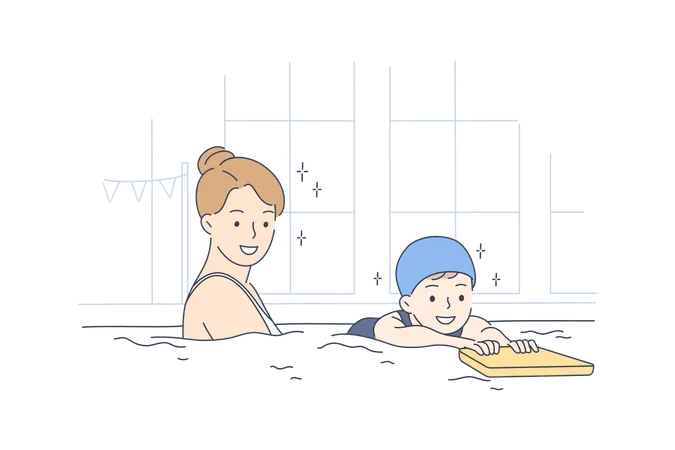 Mother is teaching swimming to her kid  Illustration