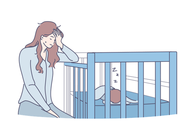 Mother is tired with new born baby  Illustration