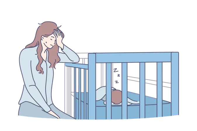 Mother is tired with new born baby  Illustration
