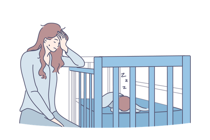 Mother is tired with new born baby  イラスト