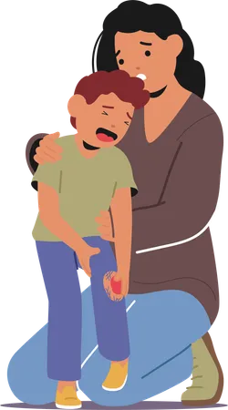 Mother Character With Tender Eyes Enfolds Her Crying Injured Son In A Warm Embrace Whispering Gentle Words Of Comfort And Calming Down Poor Baby Boy Cartoon People Vector Illustration Illustration