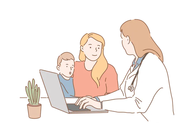Pediatric Medicine Childrens Healthcare Concept A Young Mother With A Small Child Paid A Visit To The Pediatrician A Woman Doctor Tells Her Mother How To Treat Her Son Simple Flat Vector Illustration