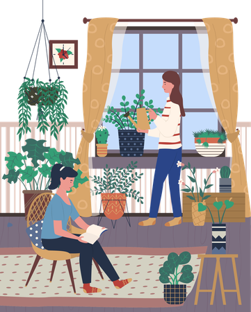 Mother is watering plants and girl is reading book  Illustration