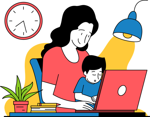 Mother is working while looking after the child  イラスト