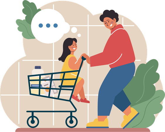 Mother keeps her daughter in shopping trolley while shopping in supermarket  Illustration