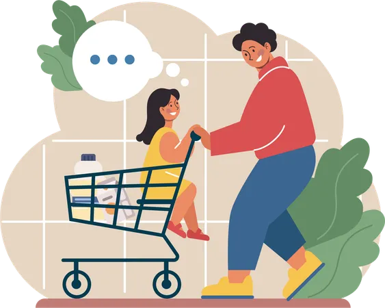 Mother keeps her daughter in shopping trolley while shopping in supermarket  Illustration
