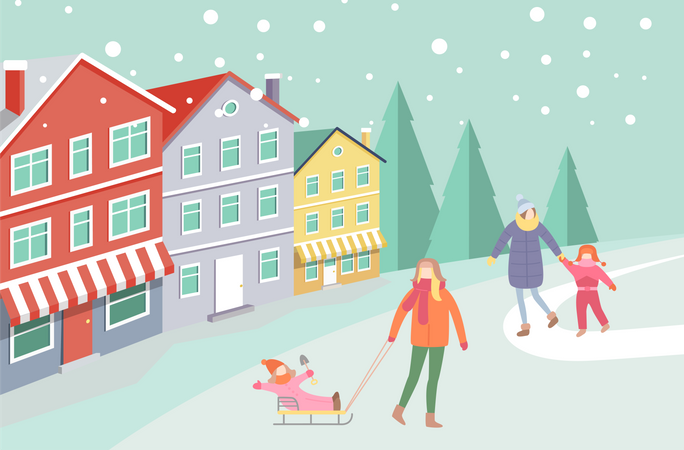 Mother Kid, Person with Child on Sledges Winter  Illustration