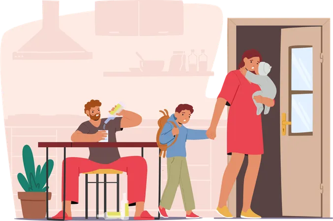 Mother Burdened With Children Departs From Home Leaving Behind A Drunken Father Character With A Bottle Poignant Scene Of Familial Disarray And Emotional Strain Cartoon People Vector Illustration Illustration