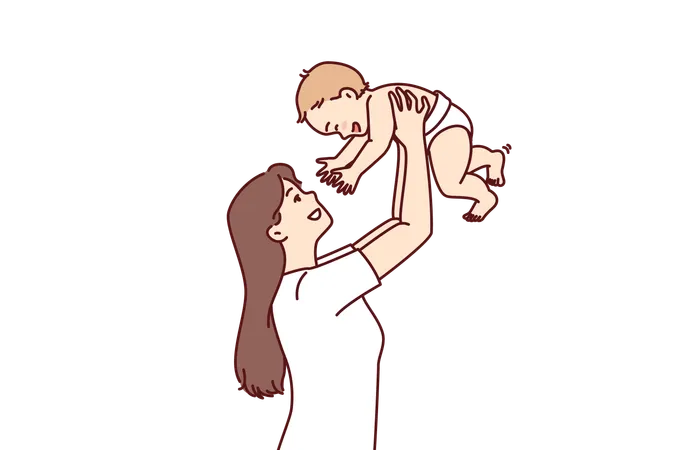 Mother Lifts Baby Above Head Rejoicing At Birth Son And Celebrating Arrival Of New Family Member Girl With Newborn Is Happy That Has Become Mother And Throws Up Baby To Hear Children Laughter Illustration