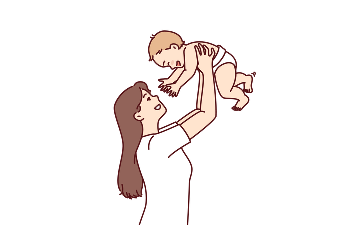 Mother lifts baby above head, and  Illustration