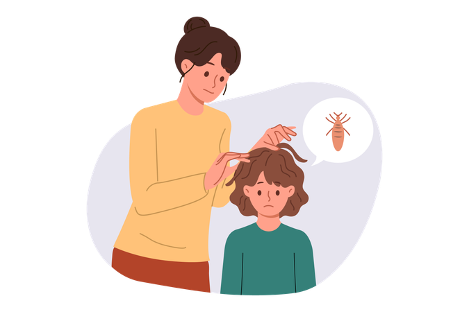 Mother looking for lice in hair of child is upset due to infection with pediculosis  Illustration