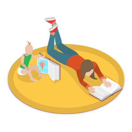 Mother lying down beside her child and telling story to him  Illustration