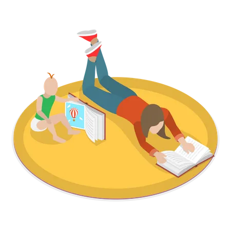 Mother lying down beside her child and telling story to him  Illustration