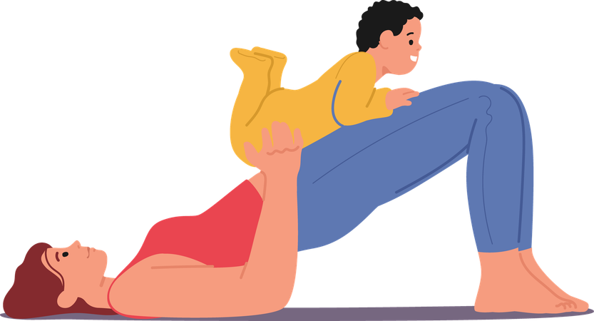 Mother lying on floor practicing yoga with baby on legs  Illustration