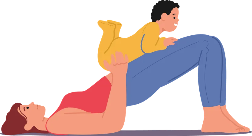 Mother lying on floor practicing yoga with baby on legs  Illustration