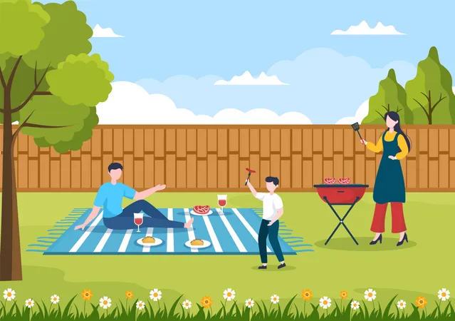 Mother making barbeque while kid playing  Illustration