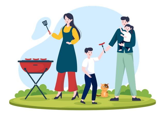Mother making barbeque with family  Illustration
