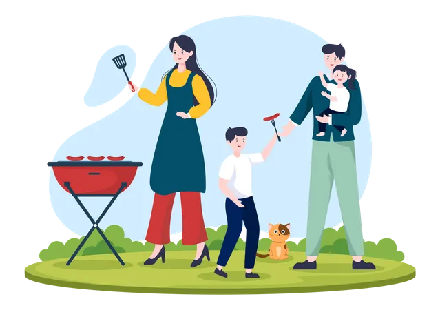 Mother making barbeque with family  Illustration