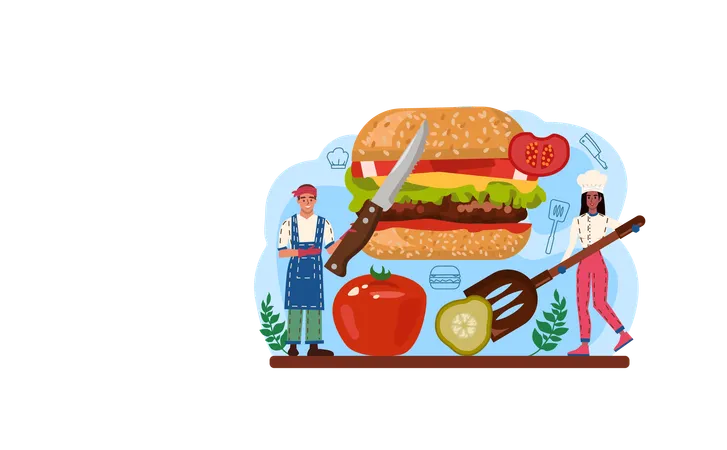 Burger House Web Banner Or Landing Page Chef Cook Tasty Hamburger With Cheese Tomato And Grilled Beef And Bun Fast Food Restaurant American Street Snack Flat Vector Illustration Illustration