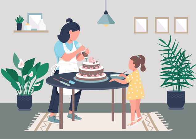 Mother making pastry with daughter Illustration