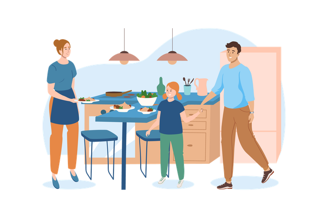 Mother meets her family from a walk and wants to feed them a delicious lunch  Illustration
