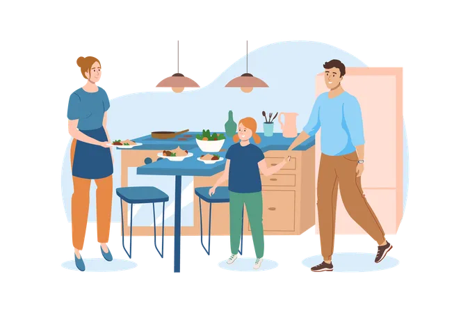 Interior Blue Concept With People Scene In The Flat Cartoon Design Mother Meets Her Family From A Walk And Wants To Feed Them A Delicious Lunch Vector Illustration Illustration