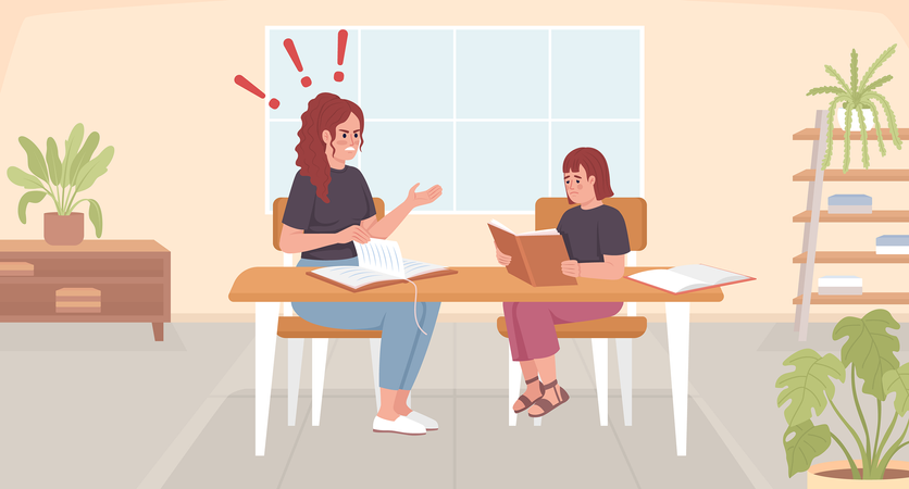 Mother nagging female child over homework  Illustration