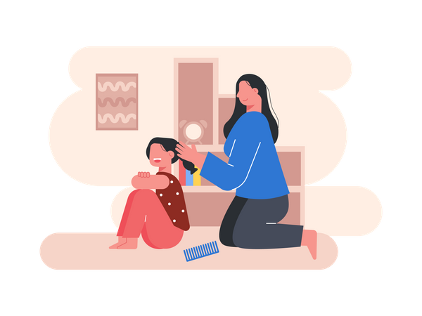 Mother oiling her daughter hair  Illustration