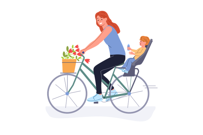 Mother on cycle with child  Illustration