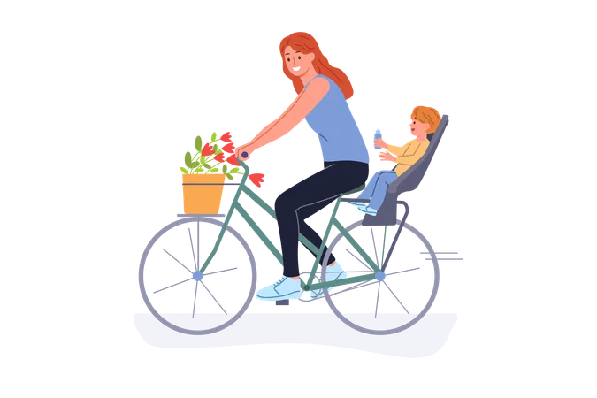 Mother on cycle with child  イラスト