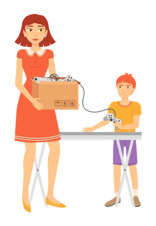Mother packing game in box  Illustration