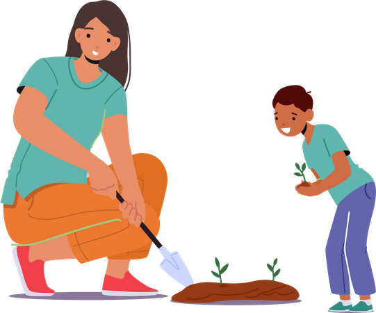 Mother planting crop with son helping her Illustration