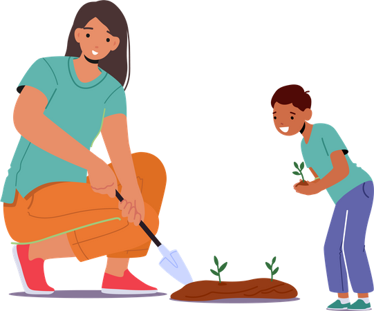 Mother planting crop with son helping her  Illustration