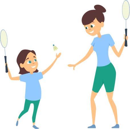 Mother playing badminton with daughter  Illustration