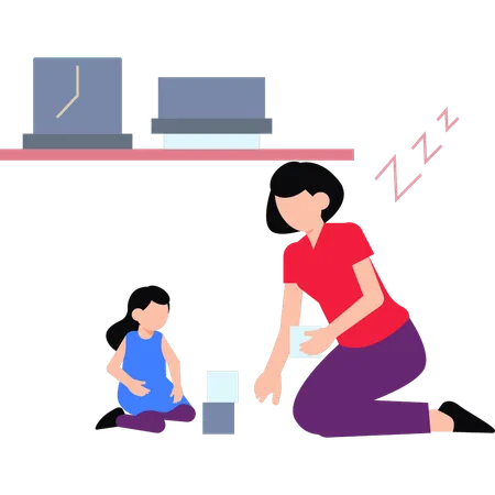 The Girl Is Playing Blocks With Child Illustration