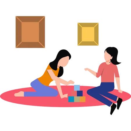 Mother playing blocks with daughter  Illustration