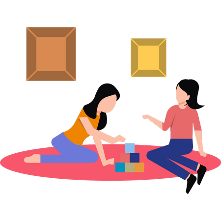 Mother playing blocks with daughter  Illustration