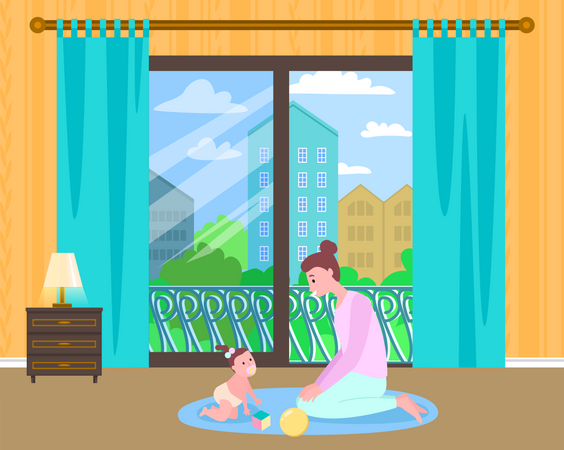 Mother playing game with toddler girl at carpet with toys  Illustration