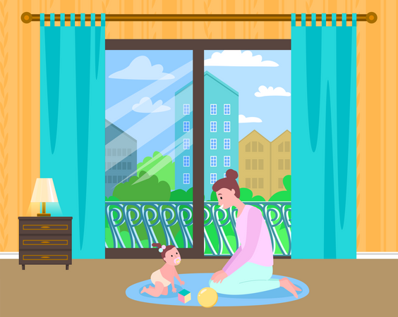 Mother playing game with toddler girl at carpet with toys Illustration