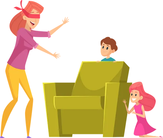 Mother playing hide and seek with Kids Illustration