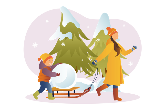 Mother playing in snow with son  Illustration