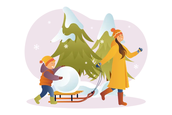 Mother playing in snow with son  Illustration