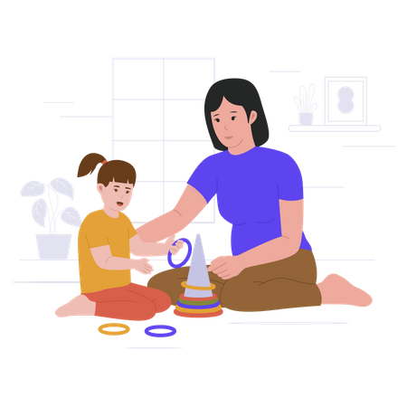 Mother playing toys with daughter  Illustration