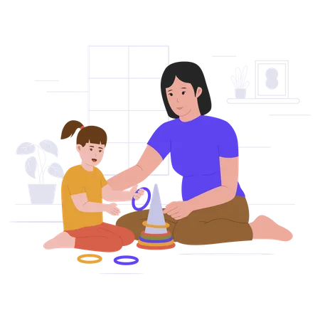 Mother Playing Toys With Daughter Flat Vector Illustration Isolated On White Background Illustration