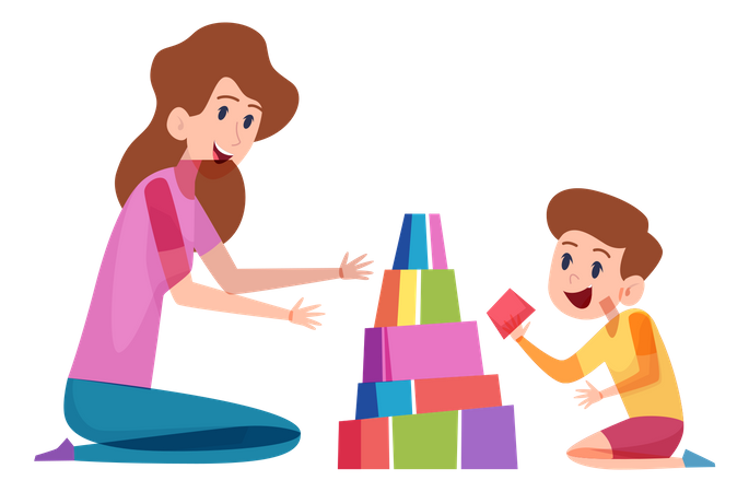 Mother playing toys with son Illustration
