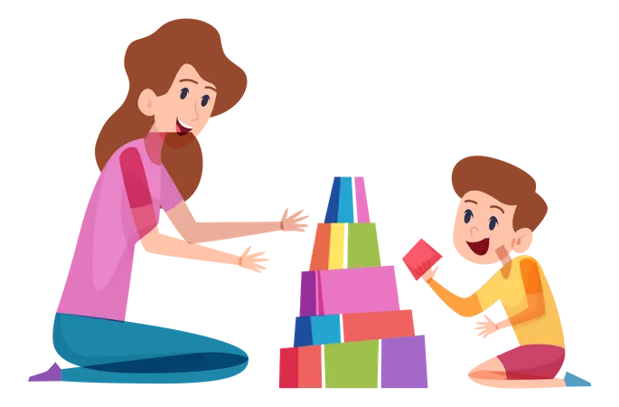 Mother playing toys with son  Illustration
